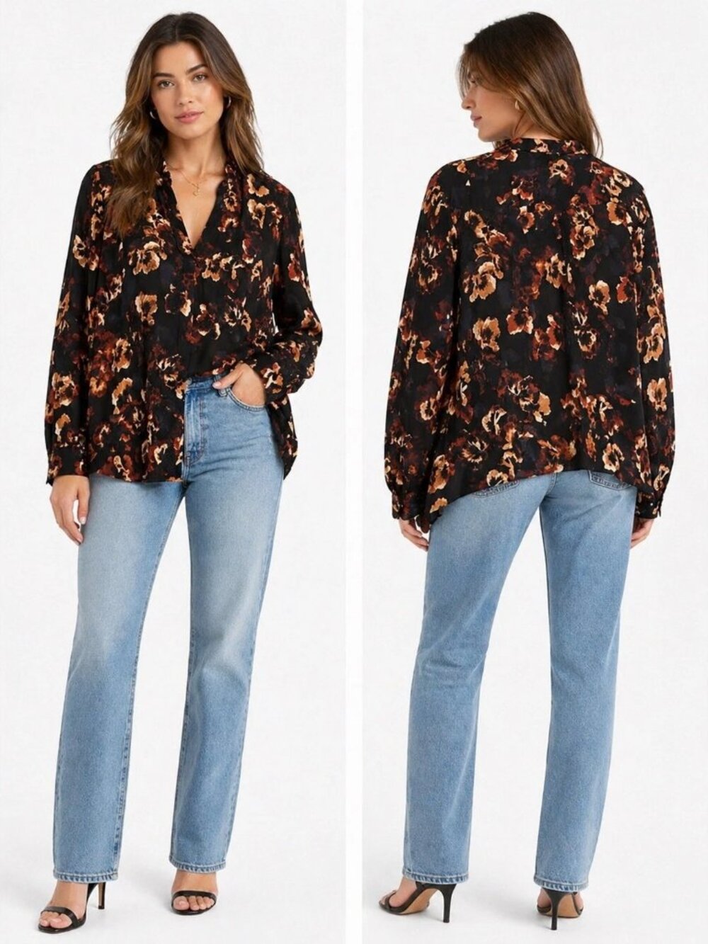 Simply Vera Vera Wang Floral Handkerchief Hem Long Sleeve Full Button Blouse -XL